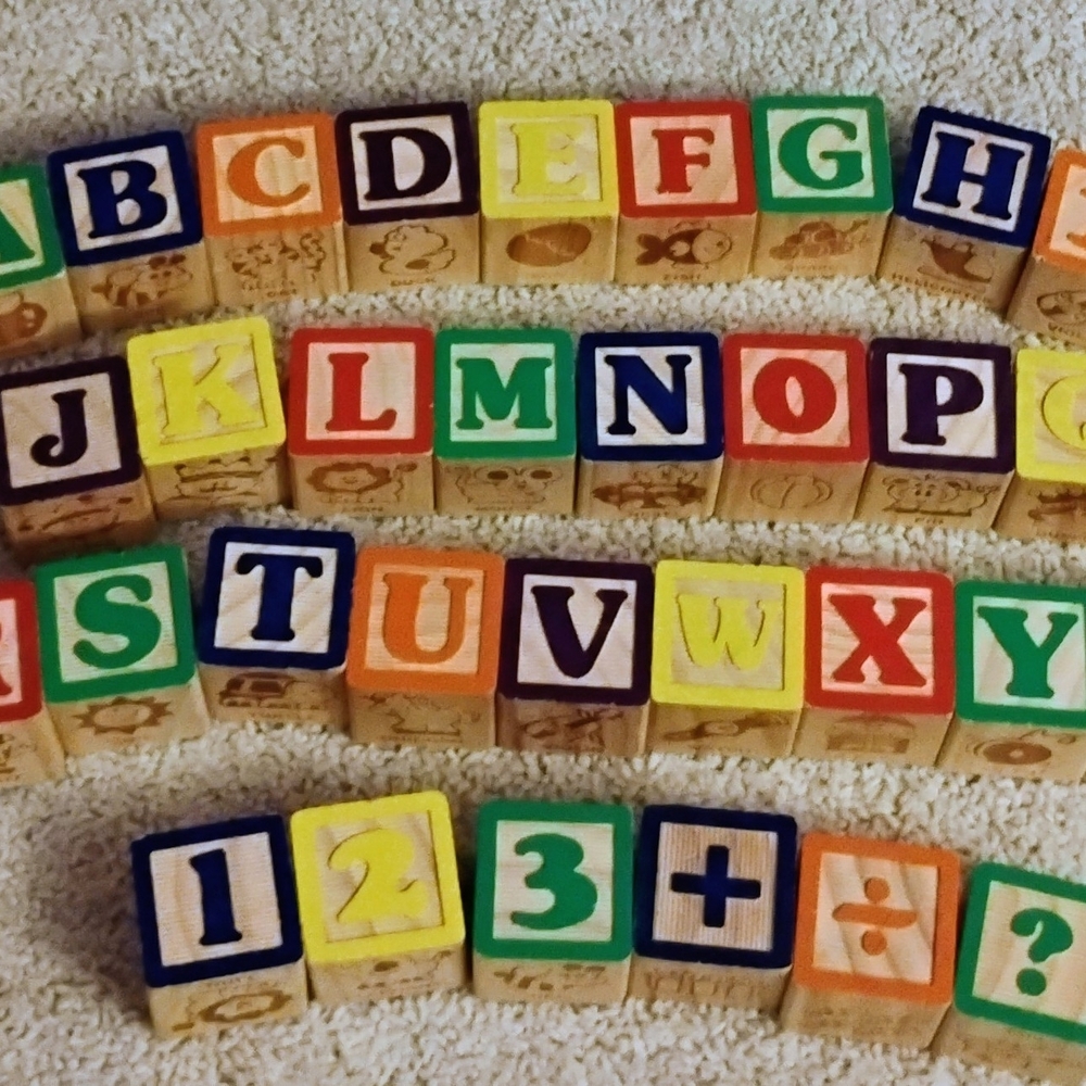 Lot Of 50 Wooden Blocks A~Z Also Some Numbers, Picture Blocks And Some Doubles